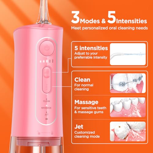 Bitvae Water Flosser Teeth Picks, Cordless Portable Oral Irrigator, Powerful and Rechargeable Water Flosser for Teeth, Brace Care, IPX7 Waterproof Water Dental Picks for Cleaning, Quartz Pink