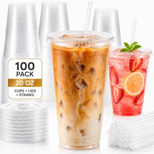100 Pack 20 oz Plastic Cups with Lids and Straws