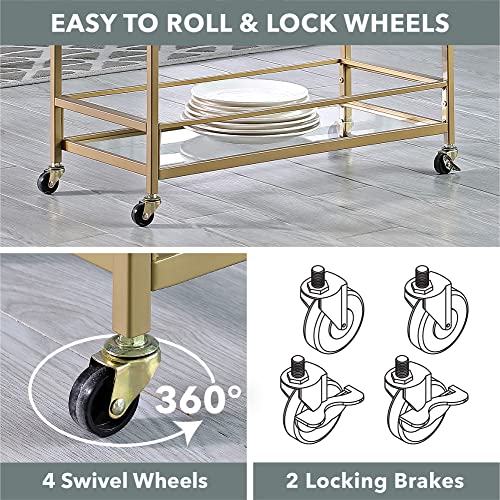FirsTime & Co. Gold Francesca Bar Cart, 2 Tier Mobile Mini Bar, Kitchen Serving Cart and Coffee Station with Storage for Wine and Glasses, Metal and Glass, Modern