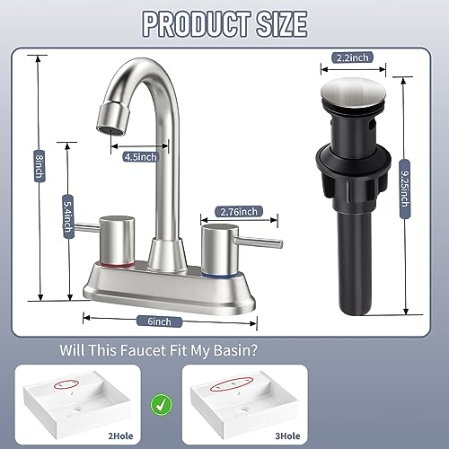 Bathroom Faucets for Sink 3 Hole, Brushed Nickel Bathroom Sink Faucet 4 Inch 2 Handle Centerset,360 Swivel Spout Faucet for Bathroom Sink 2-3 Hole RV Bathroom Vanity Sink,with Pop Up Drain