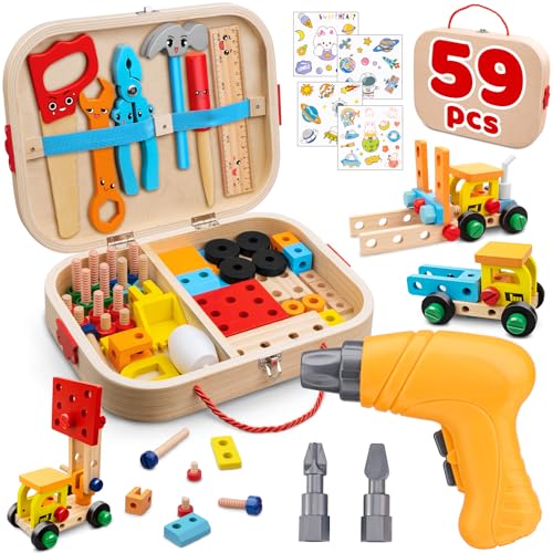 59 Piece Kids Wooden Tool Set with Drill