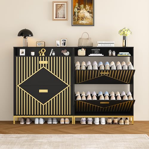 FFBCFDK Shoe Cabinet Storage for Entryway,Shoe Storage Cabinet with 2 Flip Drawers, Shoe Organizer Cabinet with 2 Tier Narrow Shoe Rack Organizer Wooden Shoe Rack for Front Door Entrance, Closet
