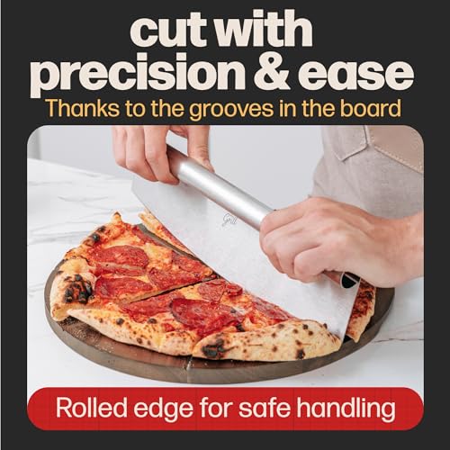 Hans Grill Pizza Cutter and Round Serving Board Gift Set | Professional Stainless Steel Food Slicer with 13.5" Acacia Wooden Board | Perfect for Slicing and Serving Pies, Pizza, Cake and Cheese