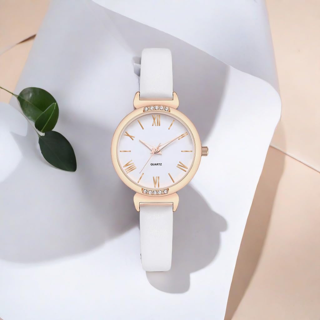NUOVO Women Watch White Watch for Ladies Rose Gold Watch Diamond Watch Casual Watch Crystal Accented Leather Strap Watch Analog Display Watch Waterproof Watch Arabic Numerals Watch