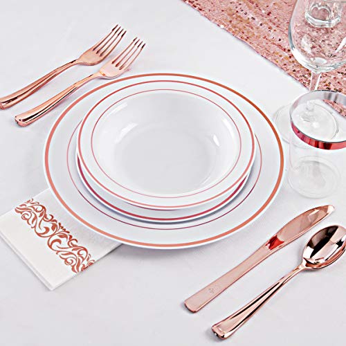 WDF 50Guest Rose Gold Plastic Plates with Disposable Plastic Silverware& Rose Gold Cups&Rose Gold Plastic Bowls&Hand Napkins-Plastic Dinnerware for Wedding&Parties