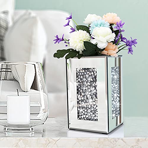 Crushed Diamond Mirrored Vase 6x6x10 inch Crystal Silver Glass Stunning Decorative Vase Flower Luxury for Home Decor. Can’t Hold Water.