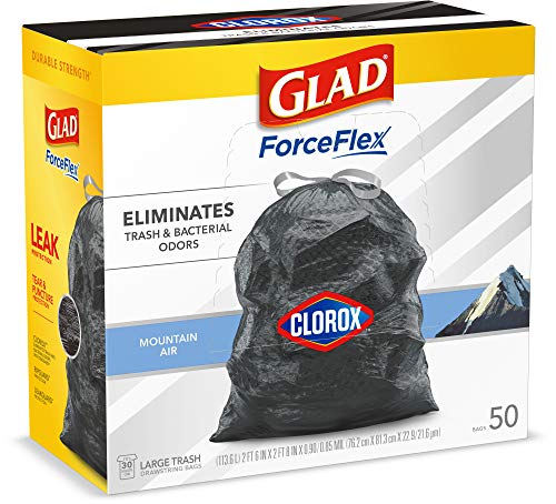 Glad Trash Bags, Large Drawstring Garbage Bags ForceFlex with Clorox, 30 Gallon Black Trash Bags, Mountain Air 50 Count (Package May Vary)