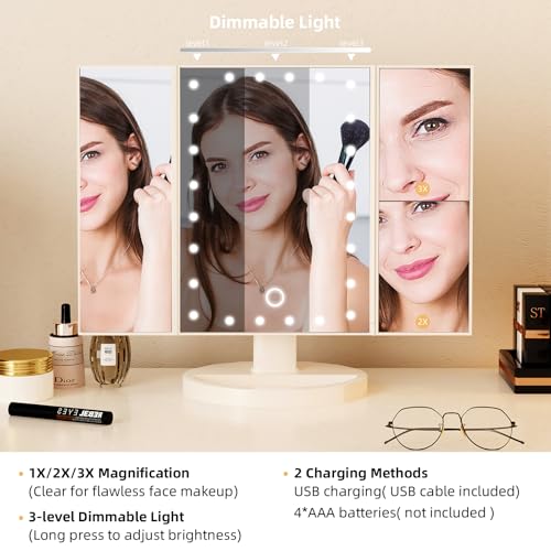 LIDYUK Vanity Desk with Mirror and Lights, Makeup Vanity Desk with Lights, 31.5 Inch Simple Home Office Desk, Small Desk Dressing Vanity Table with Double-Deck 3 Drawers, White