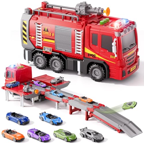 Fire Truck Transport Toy Set with Lights and Sounds