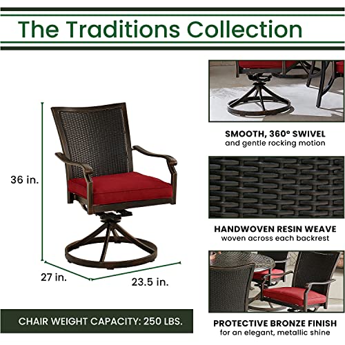 Hanover Traditions 5-Piece Outdoor Dining Set, All-Weather Patio Dining Set for 4 with Cushioned Wicker Back Cast Aluminum Swivel Rocker Chairs and 42" Glass-Top Table for Patio, Backyard, Deck, Porch