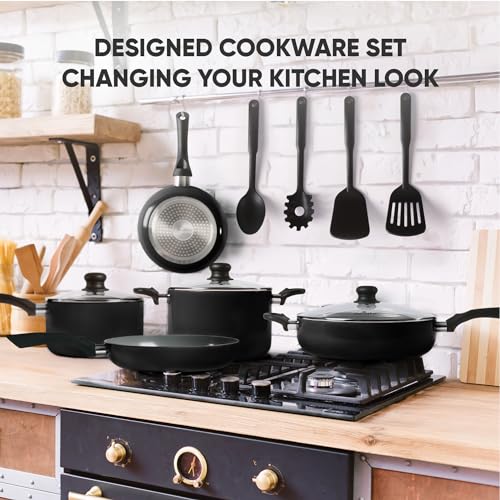 Flamingpan 12 Piece Nonstick Pots and Pans Sets,Kitchen Cookware with Ceramic Coating,Dishwasher Safe,Frying Pan Set with Lid, Induction Pots and Pans with Clearance,Suitable for Any Cooktop(Black)