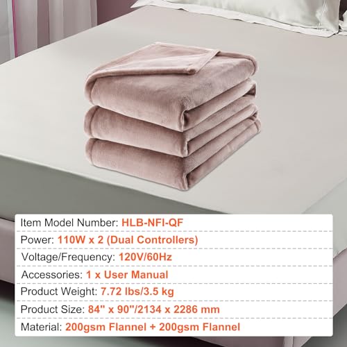 VEVOR Heated Blanket Electric Throw, 84" x 90" Queen Size, Soft Flannel Heating Blanket with 10 Hours Timer Auto-off & 5 Heating Levels, Dual Control, Machine Washable, ETL & FCC Certification (Beige)