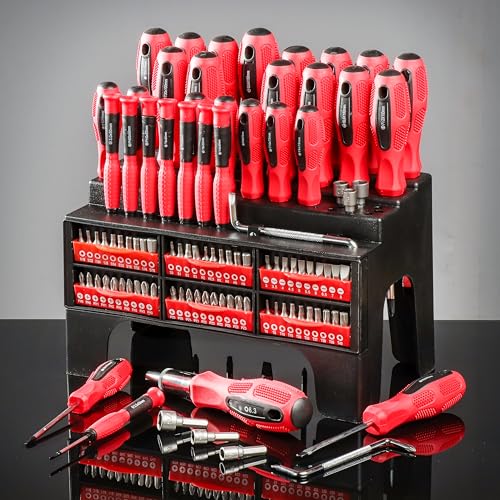 BARTEX 100-Piece Magnetic Screwdriver Set | Slotted, Phillips, Pozidriv, Hex, Torx, Precision, Ratcheting Screwdrivers, Nut Drivers | Comprehensive Hand Tools with Storage Rack