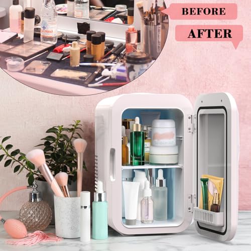 CALEN Mini Fridge with 2 Bottles, 6L/8 Cans Mini Fridge for Bedroom, Skincare Fridge 110V AC/12V DC Small Refrigerator for Food, Beverages, Cosmetics, Portable Mini Refrigerator for Office, Dorm, Car