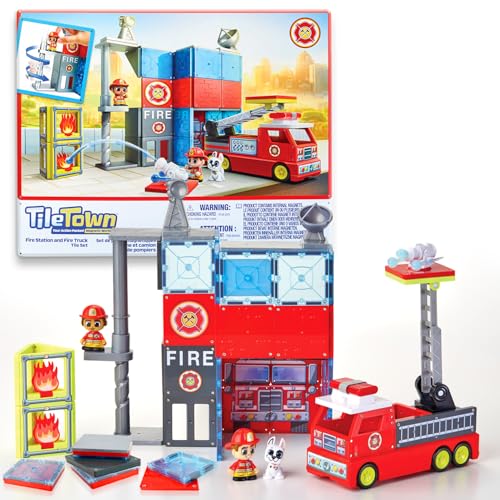 66 Piece Magnetic Tiles Fire Station Building Set