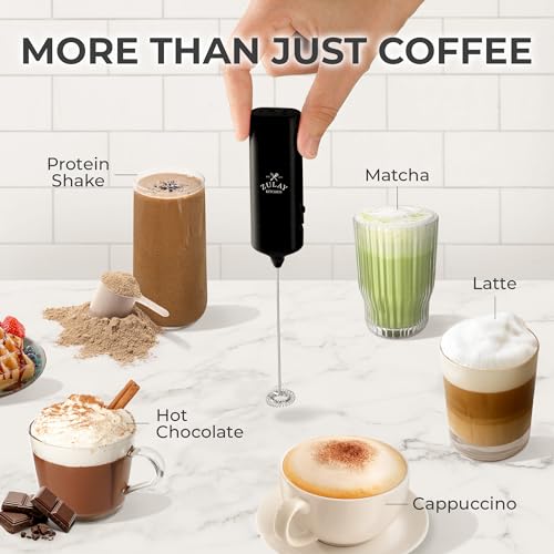 Powerful Handheld Milk Frother Wand - Electric Hand Mixer - Portable Frother Handheld for Coffee - Mini Froth Drink Mixer for Lattes, Cappuccino, Matcha, Hot Chocolate, Creamer - Black