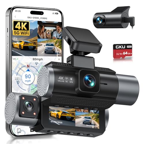 64GB 4K Triple Dash Cam Front Rear Inside WiFi