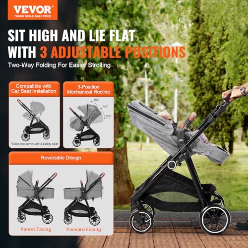 VEVOR Standard Baby Stroller, Infant Toddler Stroller with Bassinet, 3rd-Gear Adjustable Backrest & Foldable & Reversible Seat, Carbon Steel Newborn Stroller with Leg Cover and Mesh Net, Black