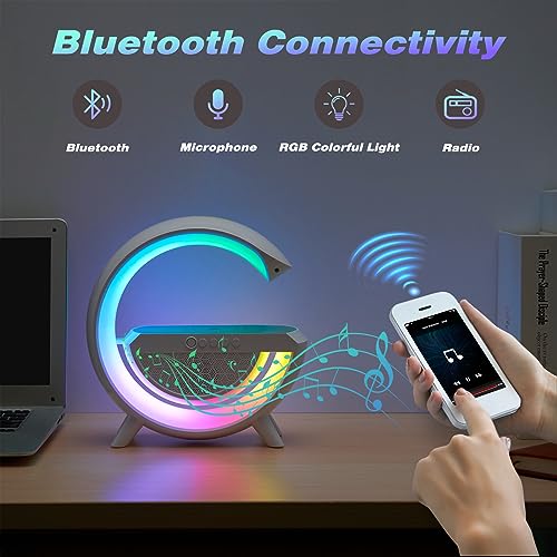 Delxo Bluetooth Speaker with Wireless Phone Charger,Big G-Shape Bluetooth Speakers for Teen Adults Birthday Gift Ideas,Atmosphere Lamp Speaker with LED Night Lights for Bedroom,White