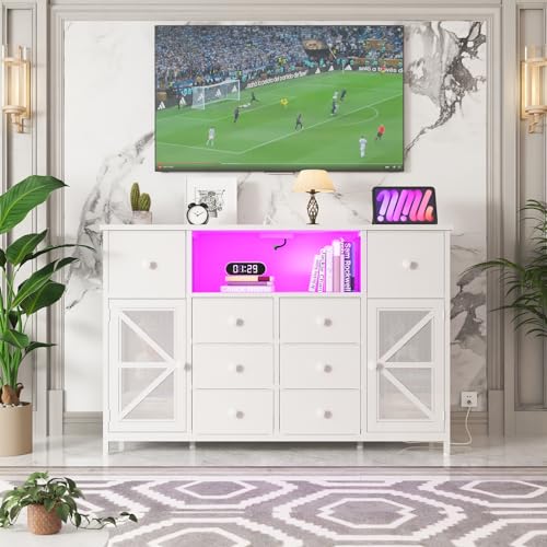 HDDDZSW White Dresser for Bedroom with Charging Station and LED Lights, Chest of Drawers for Bedroom with 8 Fabric Drawers and 2 Doors, Dressers Storage TV Stand for Bedroom, Living Room