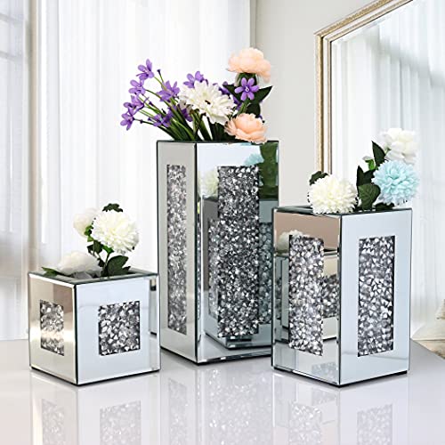 Crushed Diamond Mirrored Vase 6x6x10 inch Crystal Silver Glass Stunning Decorative Vase Flower Luxury for Home Decor. Can’t Hold Water.