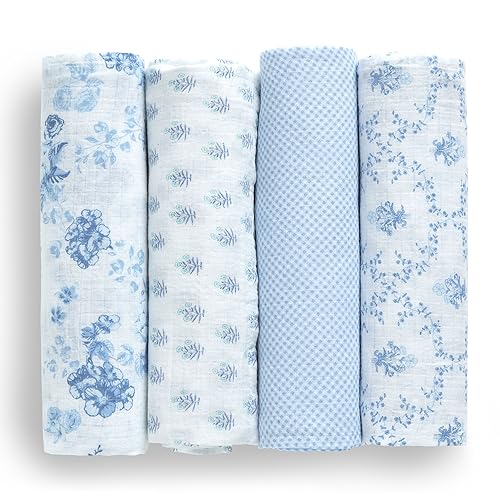 Delta Children 100% Cotton Muslin Baby Receiving Blankets for Girls and Boys – 47x47 Inches (Pack of 4), Blue Botanicals