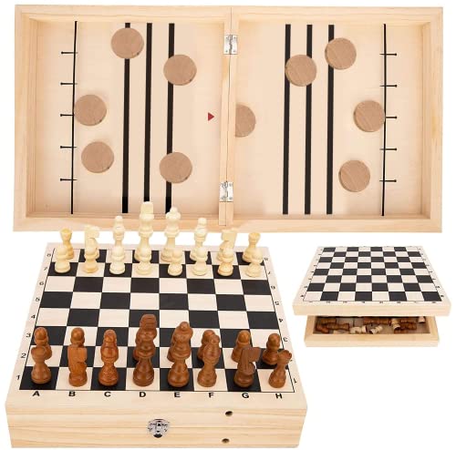 Large Wooden Sling Puck and Chess Board Game Set
