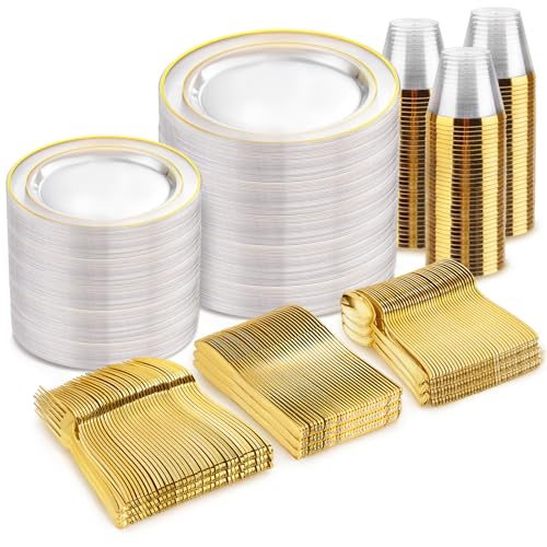 600 Piece Gold Trim Disposable Dinnerware Set
