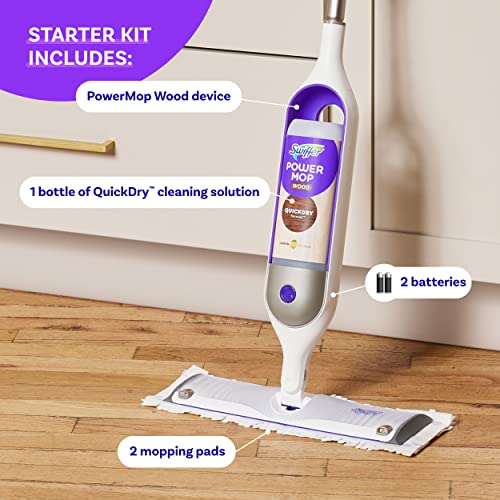 Swiffer PowerMop Wood Mop Kit for Wood Floor Cleaning, Quickdry Solution with Lemon Scent, Mopping Kit Includes PowerMop Wood, 2 Mopping Pad Refills