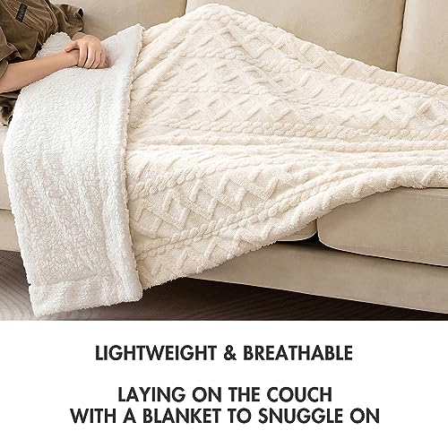 MIULEE Sherpa Blanket for Couch Sofa Chair, Thick Warm Reversible Sherpa Fleece with 3D Stylish Jacquard Weave Design, Super Soft Cozy Fluffy Plush Fuzzy Throw for All Season, 50x60, Beige