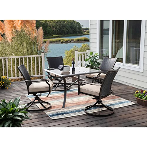 Hanover Traditions 5-Piece Outdoor Dining Set, All-Weather Patio Dining Set for 4 with Cushioned Wicker Back Cast Aluminum Swivel Rocker Chairs and 42" Glass-Top Table for Patio, Backyard, Deck, Porch
