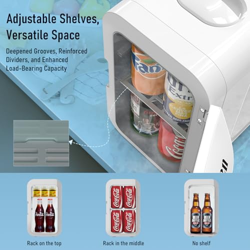 CALEN Mini Fridge with 2 Bottles, 6L/8 Cans Mini Fridge for Bedroom, Skincare Fridge 110V AC/12V DC Small Refrigerator for Food, Beverages, Cosmetics, Portable Mini Refrigerator for Office, Dorm, Car