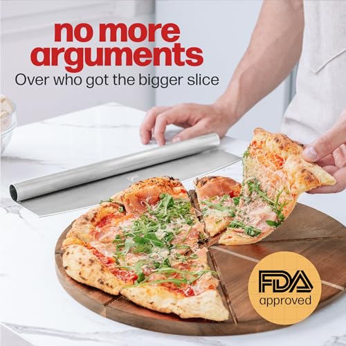 Hans Grill Pizza Cutter and Round Serving Board Gift Set | Professional Stainless Steel Food Slicer with 13.5" Acacia Wooden Board | Perfect for Slicing and Serving Pies, Pizza, Cake and Cheese