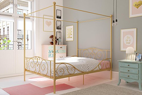 DHP Metal Canopy Kids Platform Bed with Four Poster Design, Scrollwork Headboard and Footboard, Underbed Storage Space, No Box Sring Needed, Full, Gold