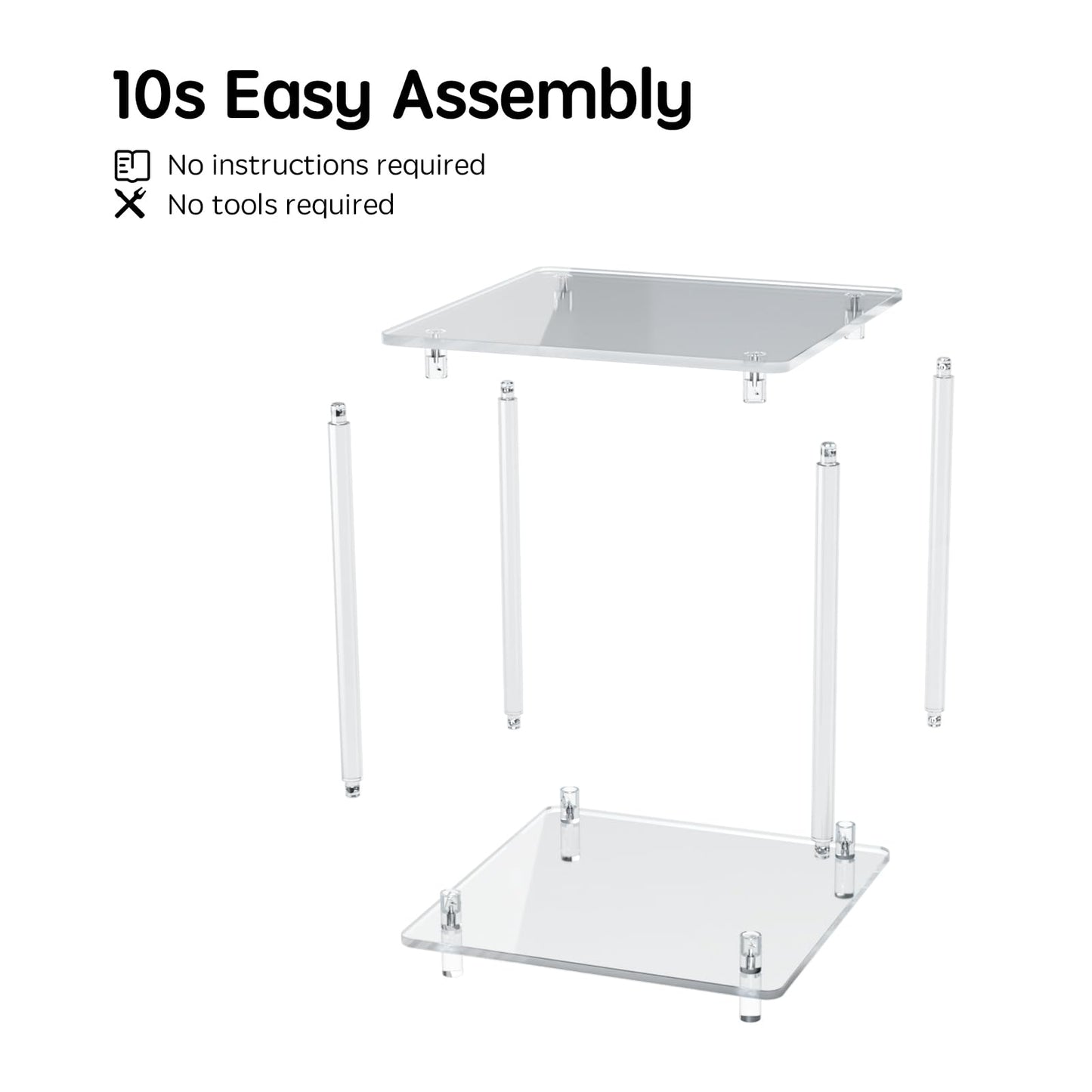Homcred Square Side Table,Screwless Acrylic Side Table,19" L x 19" W x 23" H,Rapid 10-Second Setup,End Table,Nightstand,Coffee Table for Outdoor,Living Room,Bedroom,2-Tier, Clear
