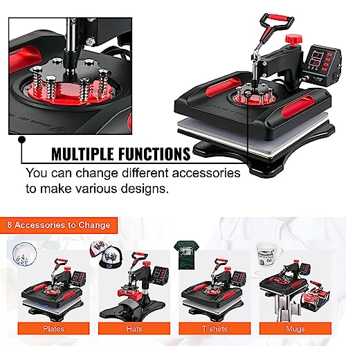 VEVOR Heat Press Machine 8 in 1 Combo - 15x15 Tshirt Press Machine with Tumbler Press, 360° Swing Away Digital Multifunction Heat Transfer Sublimation for Printing T Shirts Mug Hat Plate Cap
