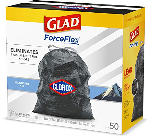 Glad Trash Bags, Large Drawstring Garbage Bags ForceFlex with Clorox, 30 Gallon Black Trash Bags, Mountain Air 50 Count (Package May Vary)
