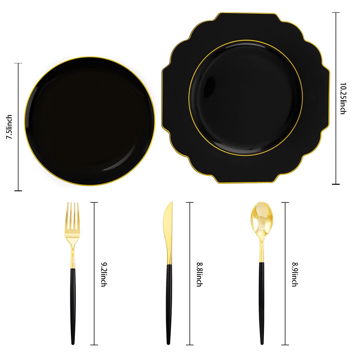 Supernal 150pcs Gold Plastic Dinnerware Set, Halloween Black Plastic Plates,Gold Plastic Silverware,Black and Gold Cutlery,include 30 Dinner Plates,30 Dessert Plates,30 Forks,30 Knives,30 Spoons