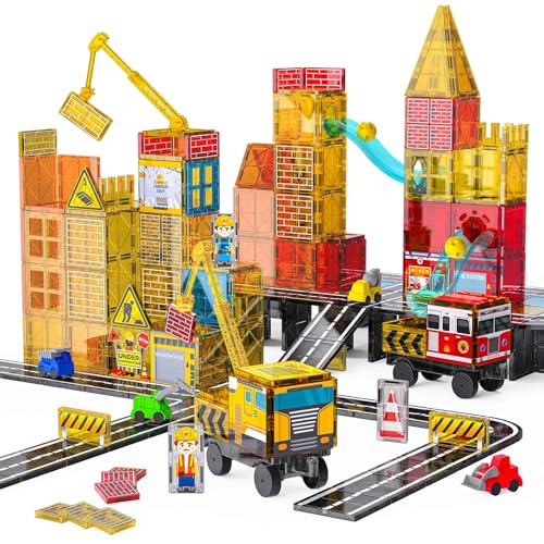Magnetic Tiles Construction Set with Crane Marble Run
