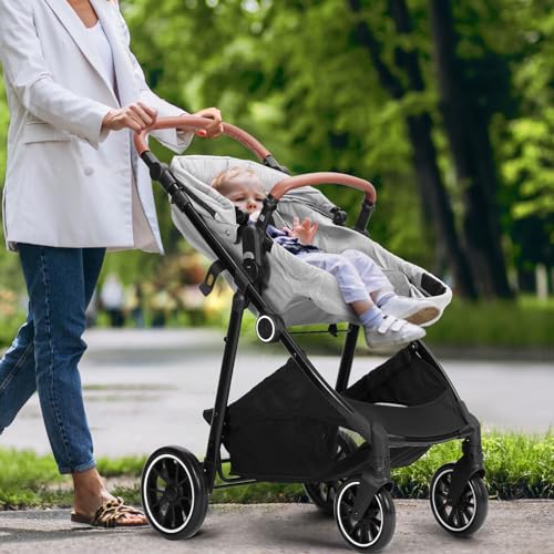 VEVOR Standard Baby Stroller, Infant Toddler Stroller with Bassinet, 3rd-Gear Adjustable Backrest & Foldable & Reversible Seat, Carbon Steel Newborn Stroller with Leg Cover and Mesh Net, Light Grey
