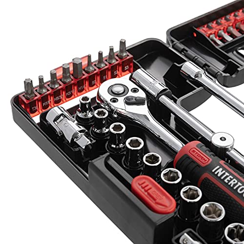 INTERTOOL 57-Piece Socket Wrench Set, 1/4” Drive, SAE & Metric, Bits & Sockets, High Strength Chrome Vanadium Steel VT08-3657