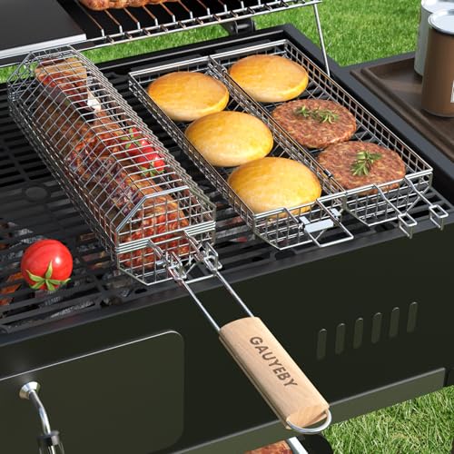 Rolling Stainless Steel Grill Basket with Removable Handle