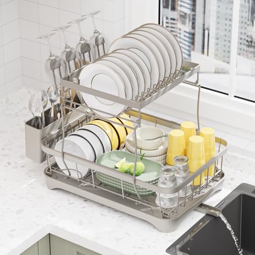 2-Tier Large Dish Drying Rack with Draining Tray