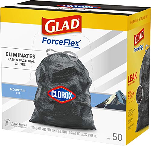 Glad Trash Bags, Large Drawstring Garbage Bags ForceFlex with Clorox, 30 Gallon Black Trash Bags, Mountain Air 50 Count (Package May Vary)