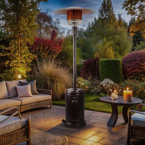Amazon Basics 46,000 BTU Outdoor Propane Patio Heater with Wheels, Commercial & Residential, Havana Bronze, 32.1 x 32.1 x 91.3 inches (LxWxH)