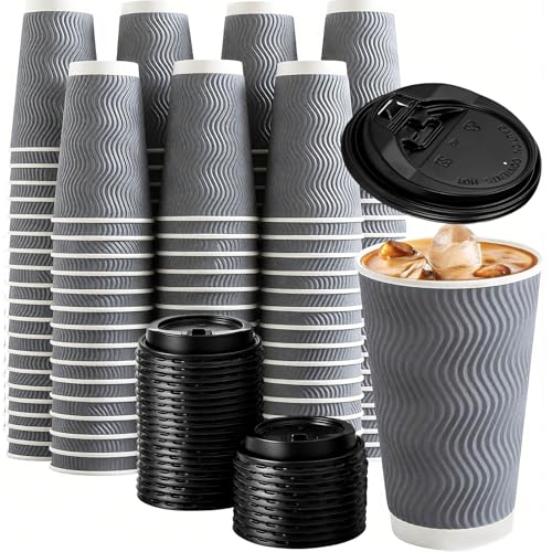 80 Pack 16 oz Insulated Disposable Coffee Cups with Lids