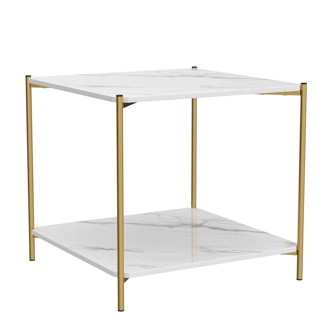 IOTXY Home Square Coffee Table - 15.7" Small 2-Tier End Table with Open Storage Shelf, White Wooden Table Top Gold Metal Frame Side Table