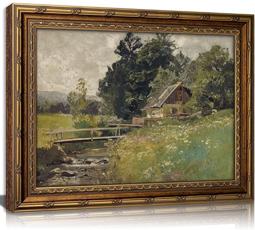 Vintage Framed Landscape Wall Art Riverside Houses Prints