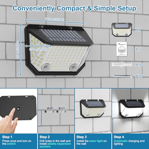 AmeriTop Solar Lights Outdoor, 4 Pack LED High Brightness Cordless Solar Motion Sensor Lights; Wider Motion Sensor, 300ยฐ Wide Angle Illumination, IP65 Waterproof, Patio Wall Light, Wall Porch Lights
