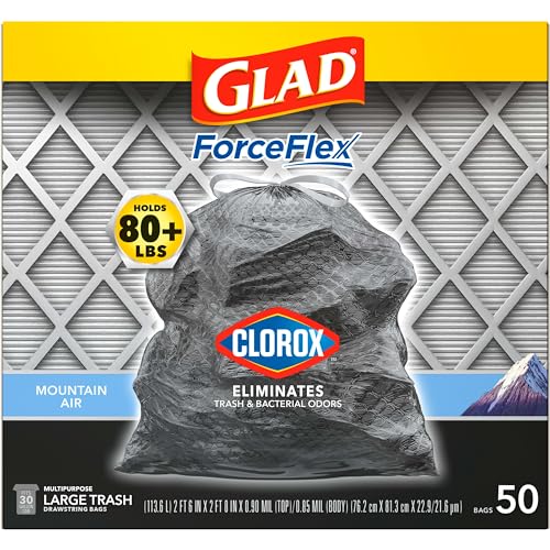 Glad Trash Bags, Large Drawstring Garbage Bags ForceFlex with Clorox, 30 Gallon Black Trash Bags, Mountain Air 50 Count (Package May Vary)